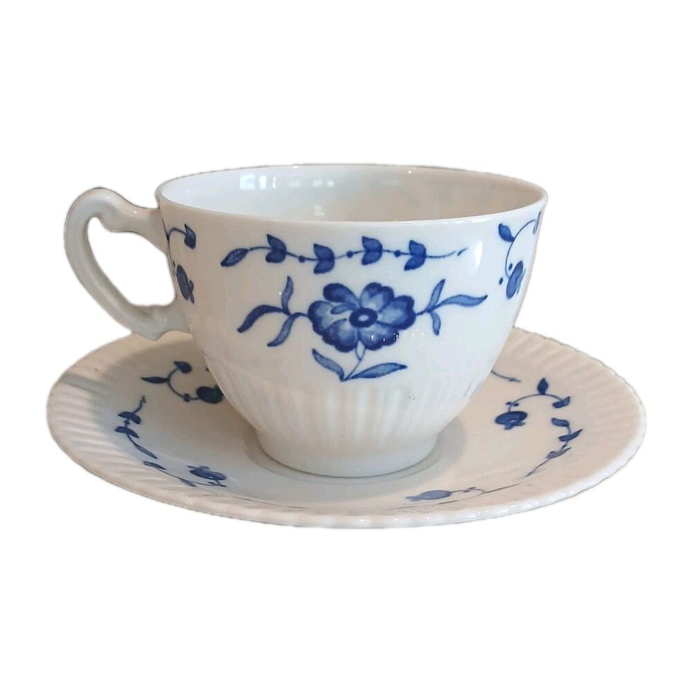 2 Pc Syracuse China NANTUCKET Tea Cup & Saucer Blue White Floral Vintage Cottage
